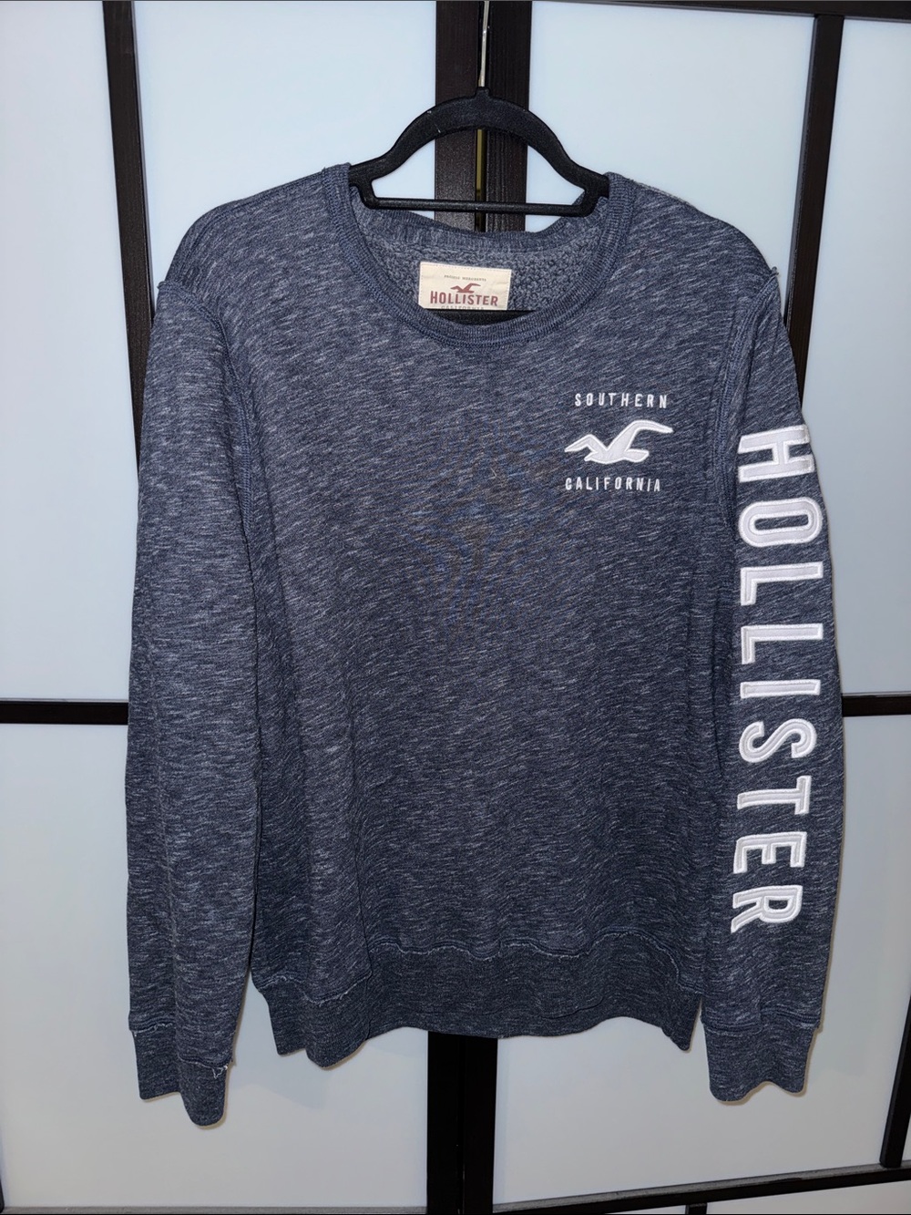 Hollister Men's Heather Navy Crewneck with White Sleeve Logo - Size L